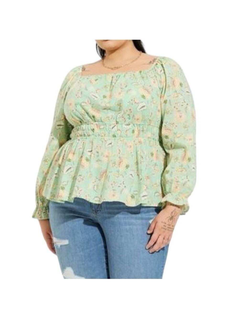 Torrid Cotton Clip Dot Blouson Sleeve Smocked Long Sleeve Top Floral Print 2XL